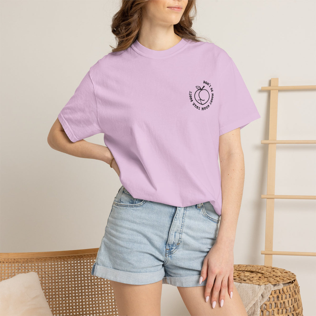 Don't Be Moody Grow Ya Booty T-Shirt | Funny Retro Script, Chest Peach Logo I