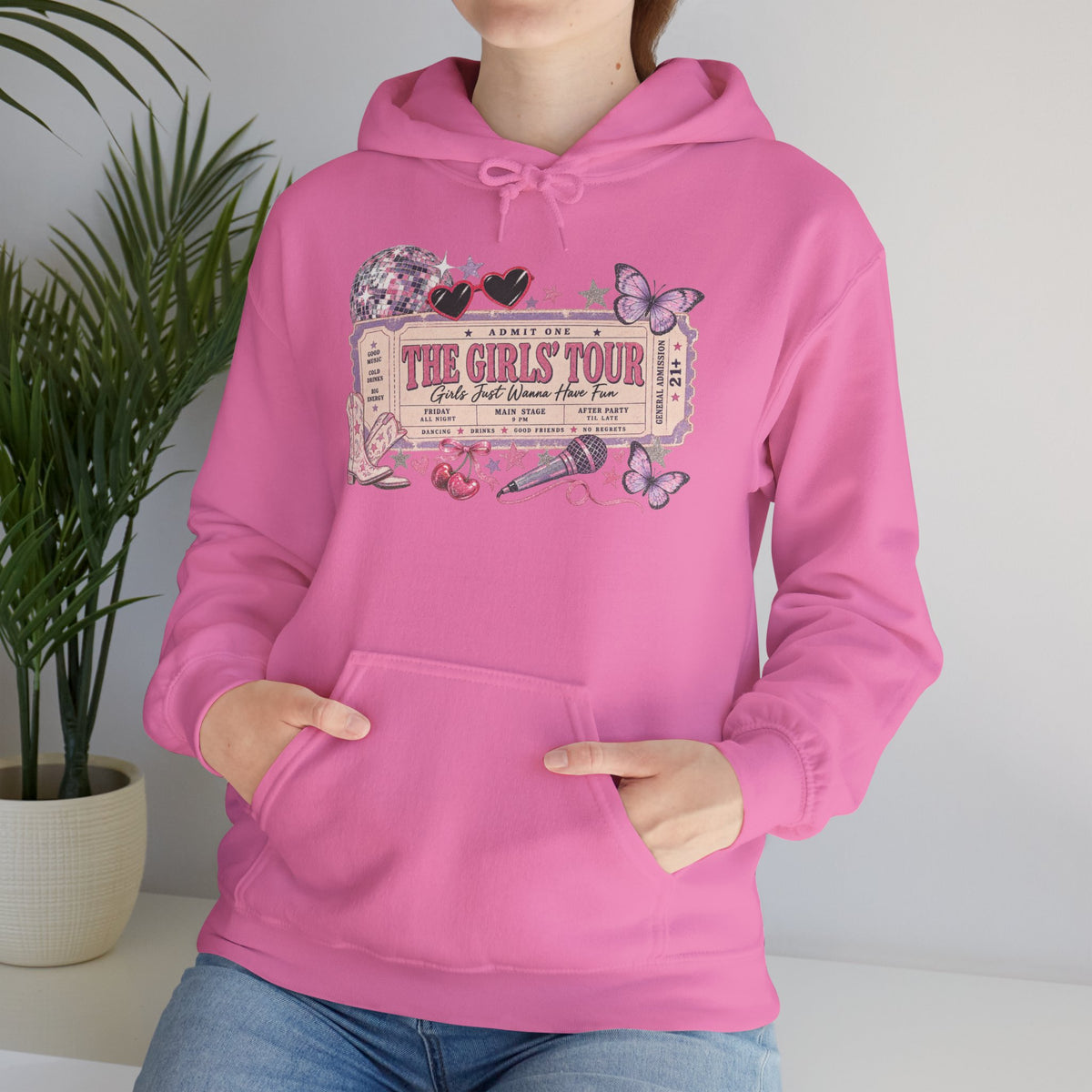 The Girls Just Wanna Have Fun Tour Ticket Graphic Hoodie | Butterfly Floral Ticket Sweatshirt