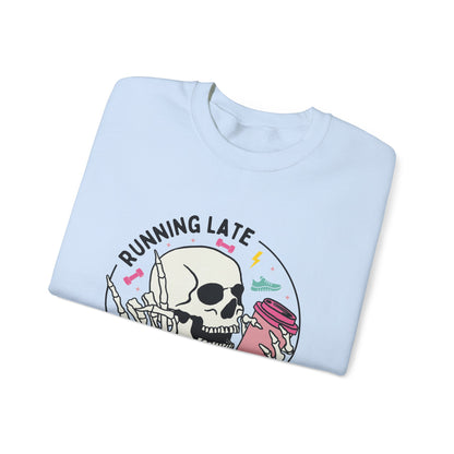 Running Late Is My Cardio sweatshirt | Skull Coffee Cup Illustration