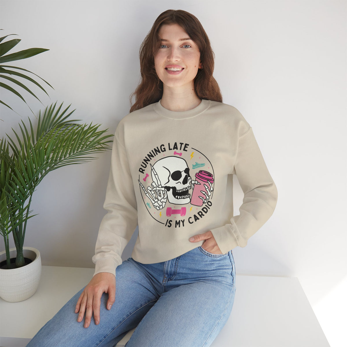 Running Late Is My Cardio sweatshirt | Skull Coffee Cup Illustration