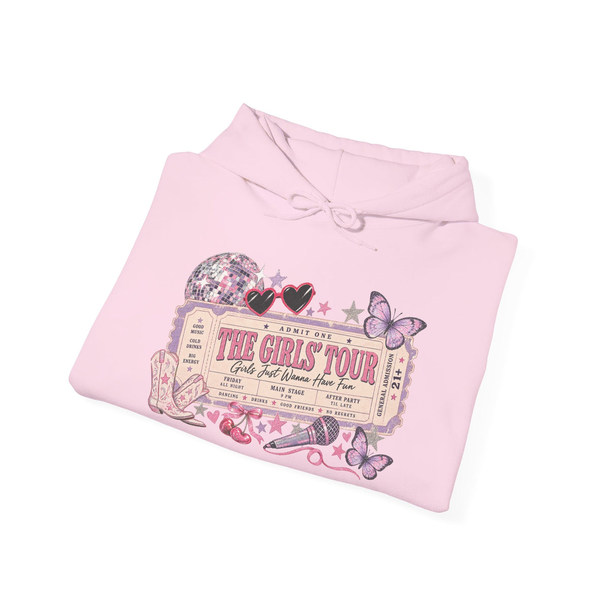 The Girls Just Wanna Have Fun Tour Ticket Graphic Hoodie | Butterfly Floral Ticket Sweatshirt