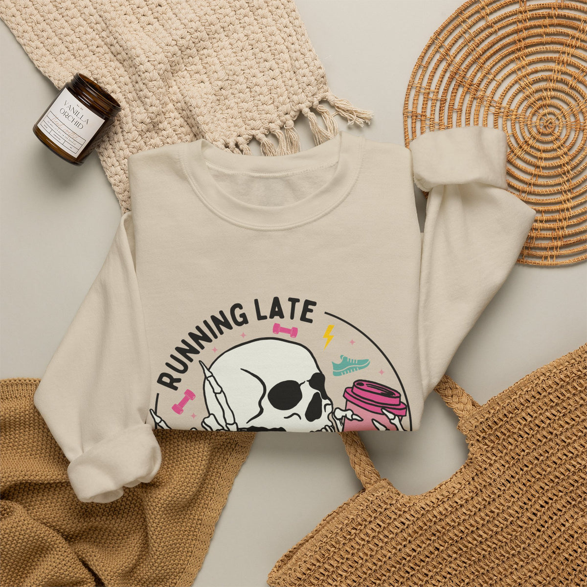 Running Late Is My Cardio sweatshirt | Skull Coffee Cup Illustration