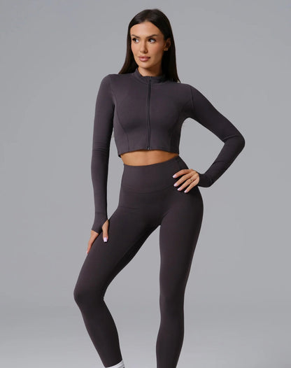 CurveFlex Trio 3 Piece Seamless Set Model Posing in Activewear- Volcanic Ash