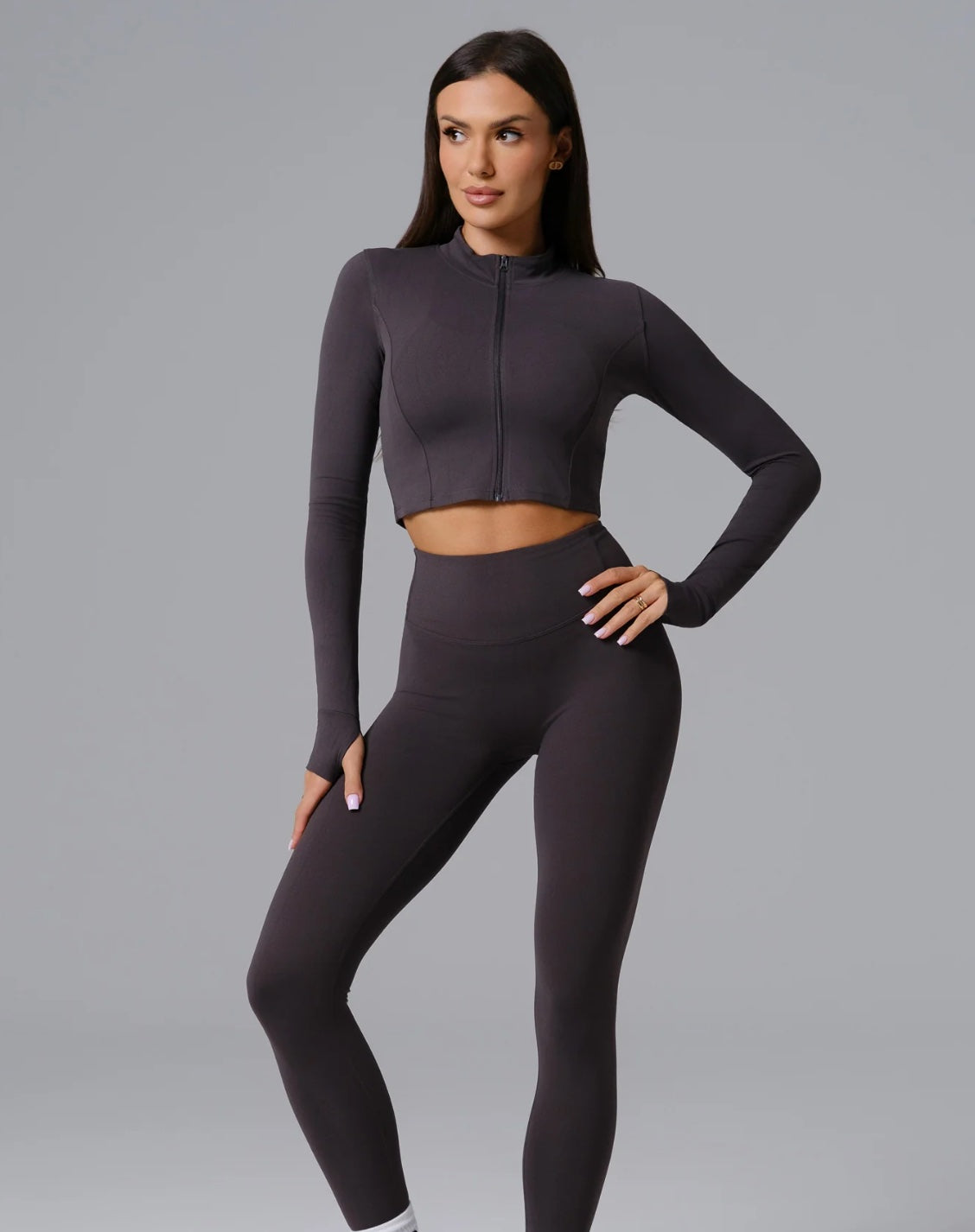 CurveFlex Trio 3 Piece Seamless Set Model Posing in Activewear- Volcanic Ash