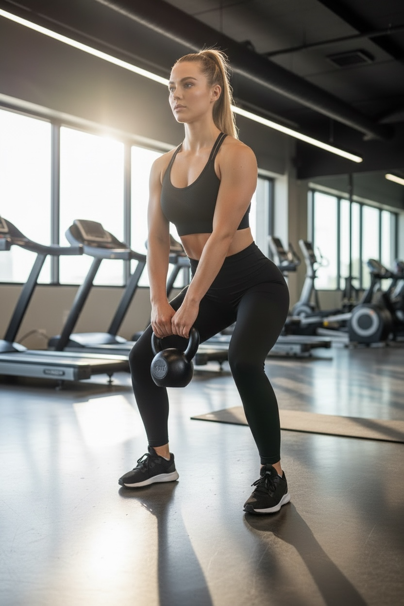 Woman exercising with a kettlebell in a gym setting