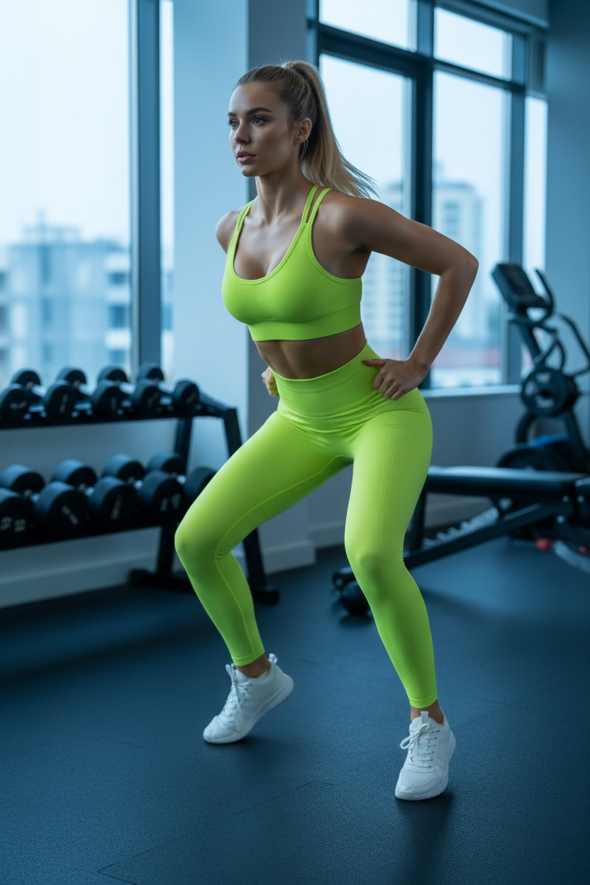 Woman in bright green athletic wear posing in a gym.