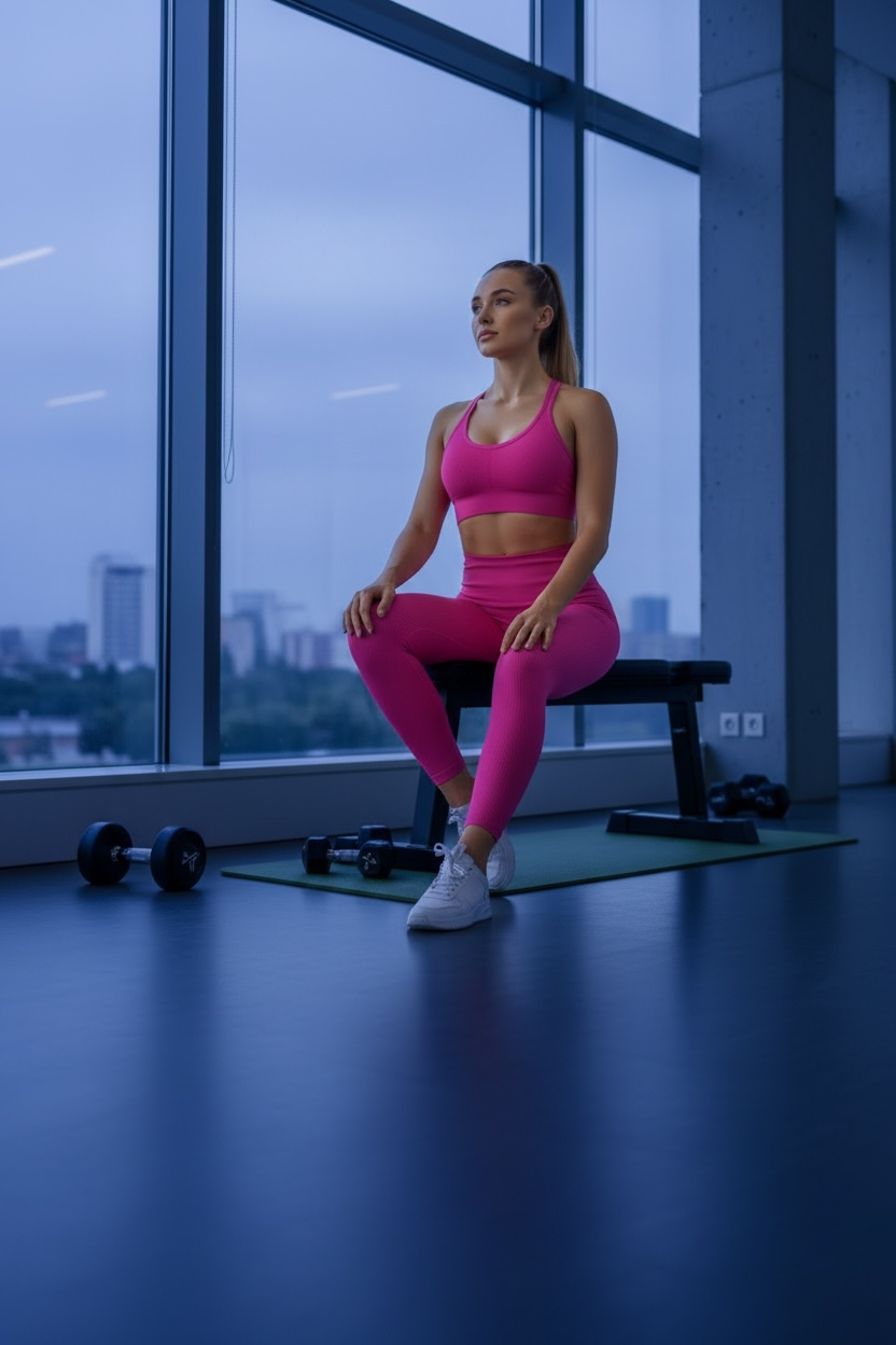 Woman in pink athletic wear sitting on a bench in a modern indoor setting with large windows.