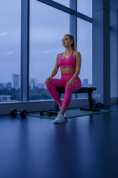 Woman in pink athletic wear sitting on a bench in a modern indoor setting with large windows.