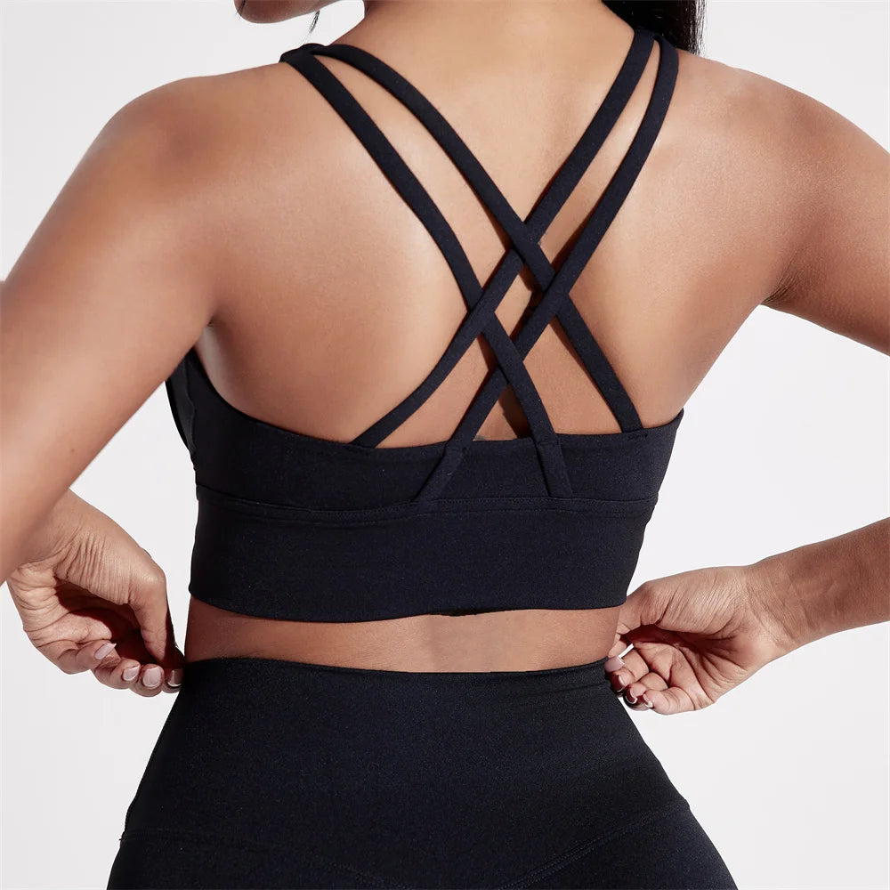 Solid Color Women Cross back Fitness sport Bra high strength Tight Top Comprehensive Training Gym Yoga Underwear With Chest Pad 
