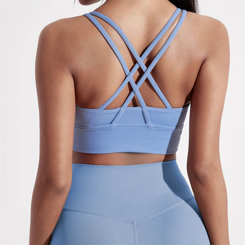 Solid Color Women Cross back Fitness sport Bra high strength Tight Top Comprehensive Training Gym Yoga Underwear With Chest Pad 
