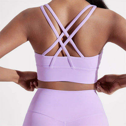 Solid Color Women Cross back Fitness sport Bra high strength Tight Top Comprehensive Training Gym Yoga Underwear With Chest Pad 