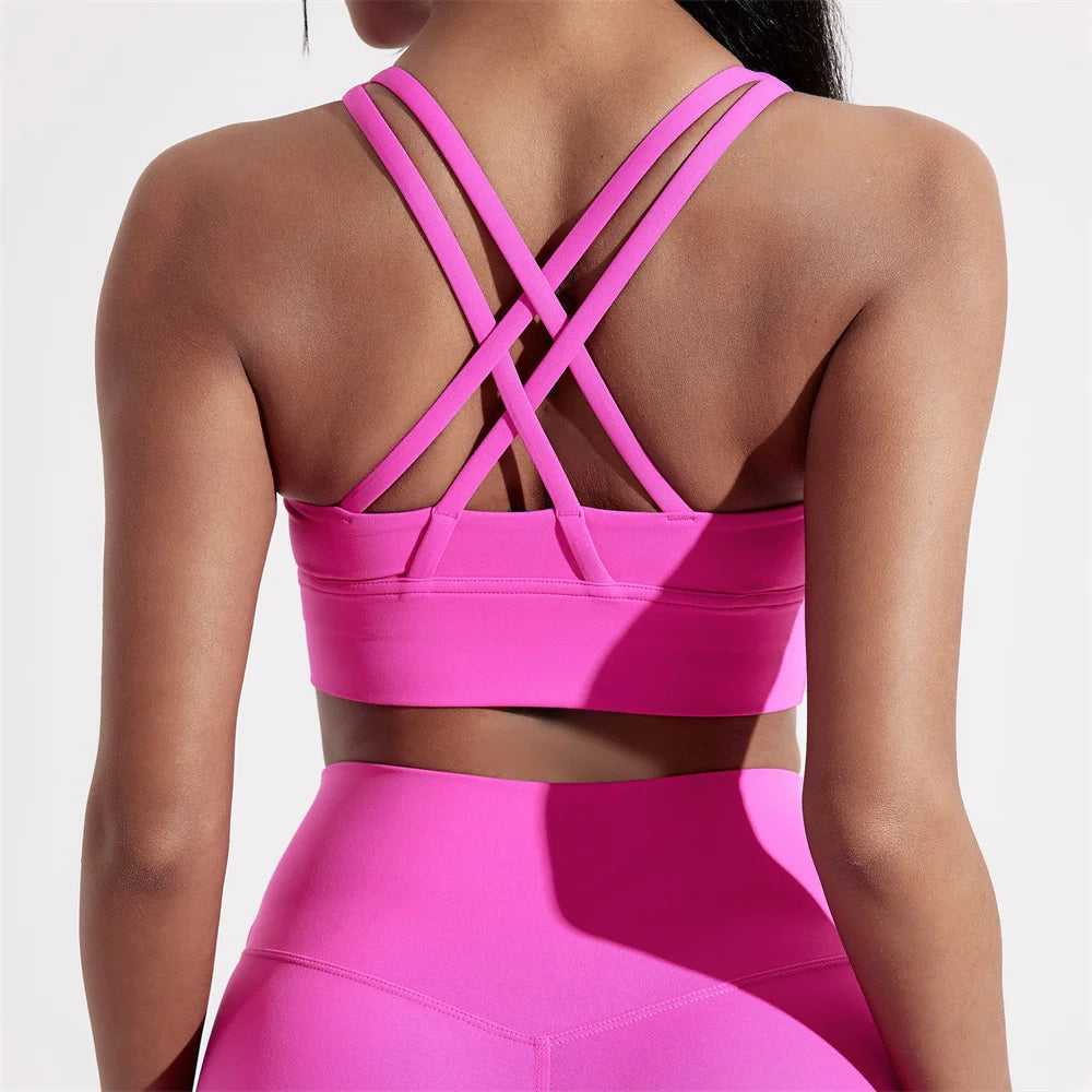Solid Color Women Cross back Fitness sport Bra high strength Tight Top Comprehensive Training Gym Yoga Underwear With Chest Pad 