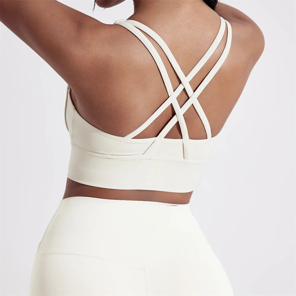 Solid Color Women Cross back Fitness sport Bra high strength Tight Top Comprehensive Training Gym Yoga Underwear With Chest Pad 