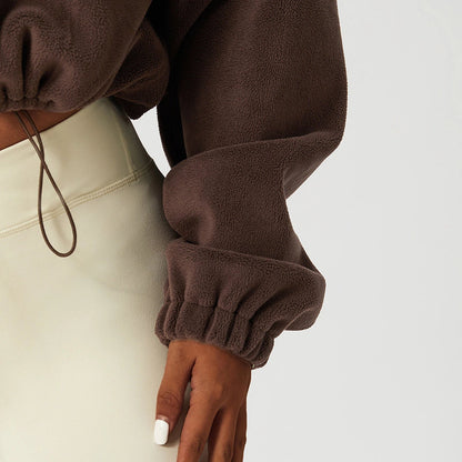 Close-up of sherpa interior and detail on crop jacket