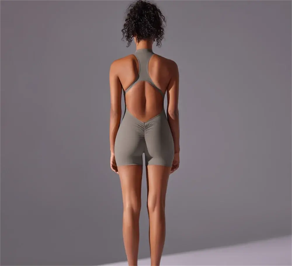 Solid color high-intensity nude tight fitting sports back jumpsuit yoga suit tight fitting running fitness suit  Lolu Active