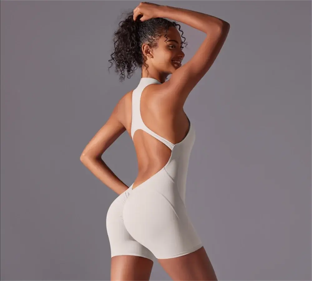 Solid color high-intensity nude tight fitting sports back jumpsuit yoga suit tight fitting running fitness suit  Lolu Active