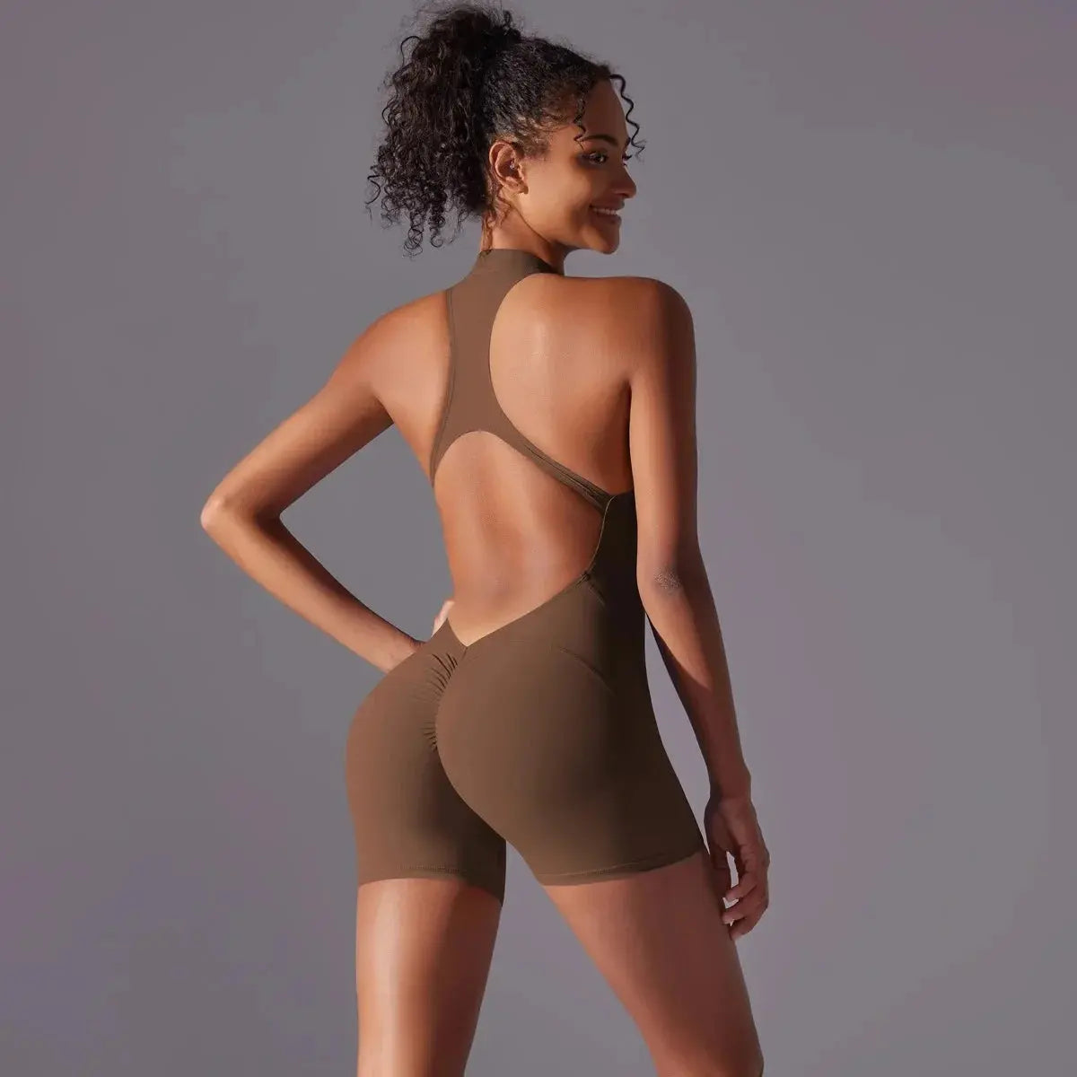 Solid color high-intensity nude tight fitting sports back jumpsuit yoga suit tight fitting running fitness suit  Lolu Active