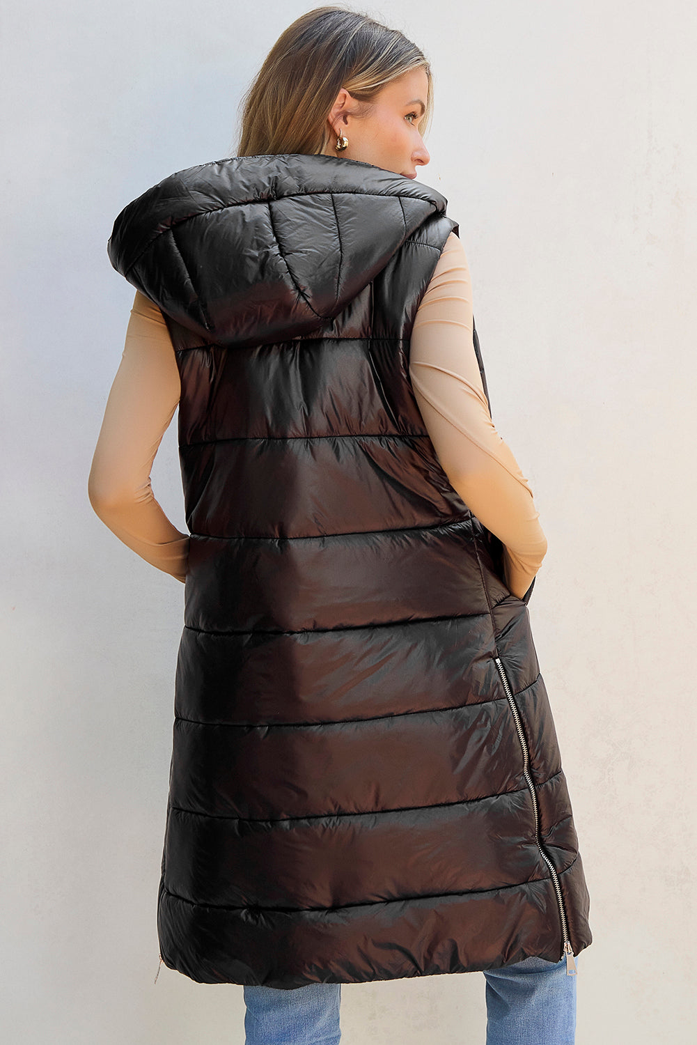 LE Longline Hooded Sleeveless Puffer Vest