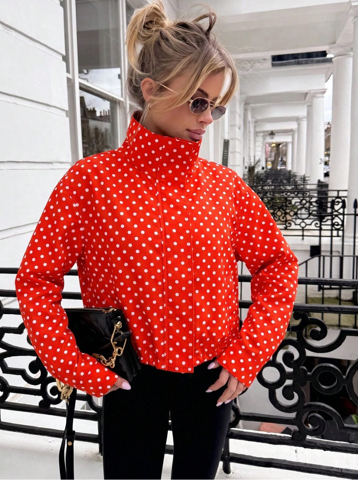 Activewear Model Posing in polka dot jacket